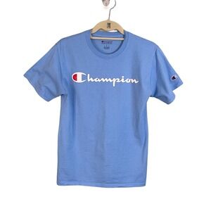 Champion Boy Script Logo Light Blue Rib Cotton Athleticwear Jersey T-Shirt Small